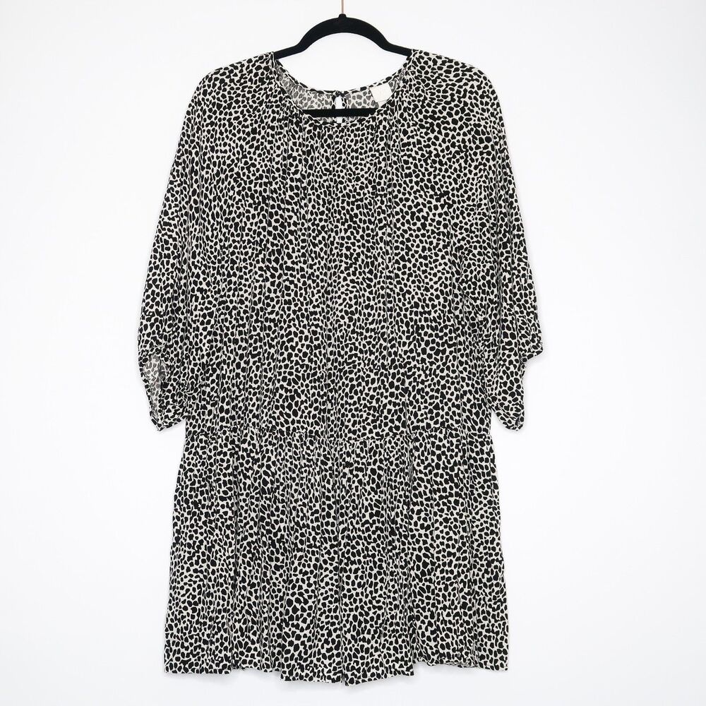 H&M Womens Leopard Print Shortโ Dress Size Medium Black White Bubble Sleeve Boho